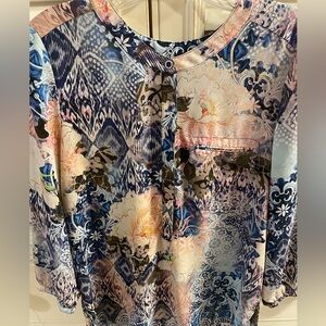 NYDJ Floral Ikat Print Satin Blouse in Blue Pink Cream